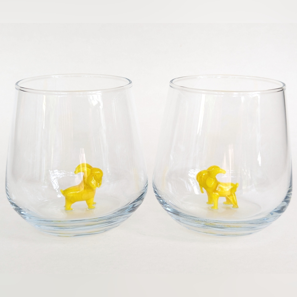 Pair Yellow Goat Stemless Wine Glasses Lampwork Glass Trendy Drinkware Pasabahce